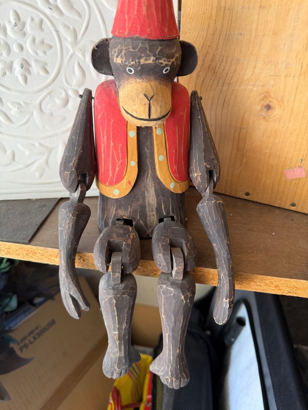 Vintage-Style Handcrafted Wooden Monkey Figurine with Red Hat